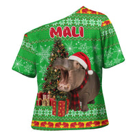 Mali Christmas Cross Shoulder Shirt with Hippo Santa Hat Snowflakes and Holiday Gift - Wonder Print Shop