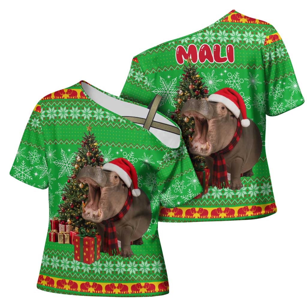 Mali Christmas Cross Shoulder Shirt with Hippo Santa Hat Snowflakes and Holiday Gift - Wonder Print Shop