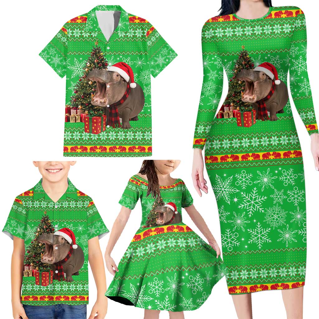 Mali Christmas Family Matching Long Sleeve Bodycon Dress and Hawaiian Shirt with Hippo Santa Hat Snowflakes and Holiday Gift - Wonder Print Shop