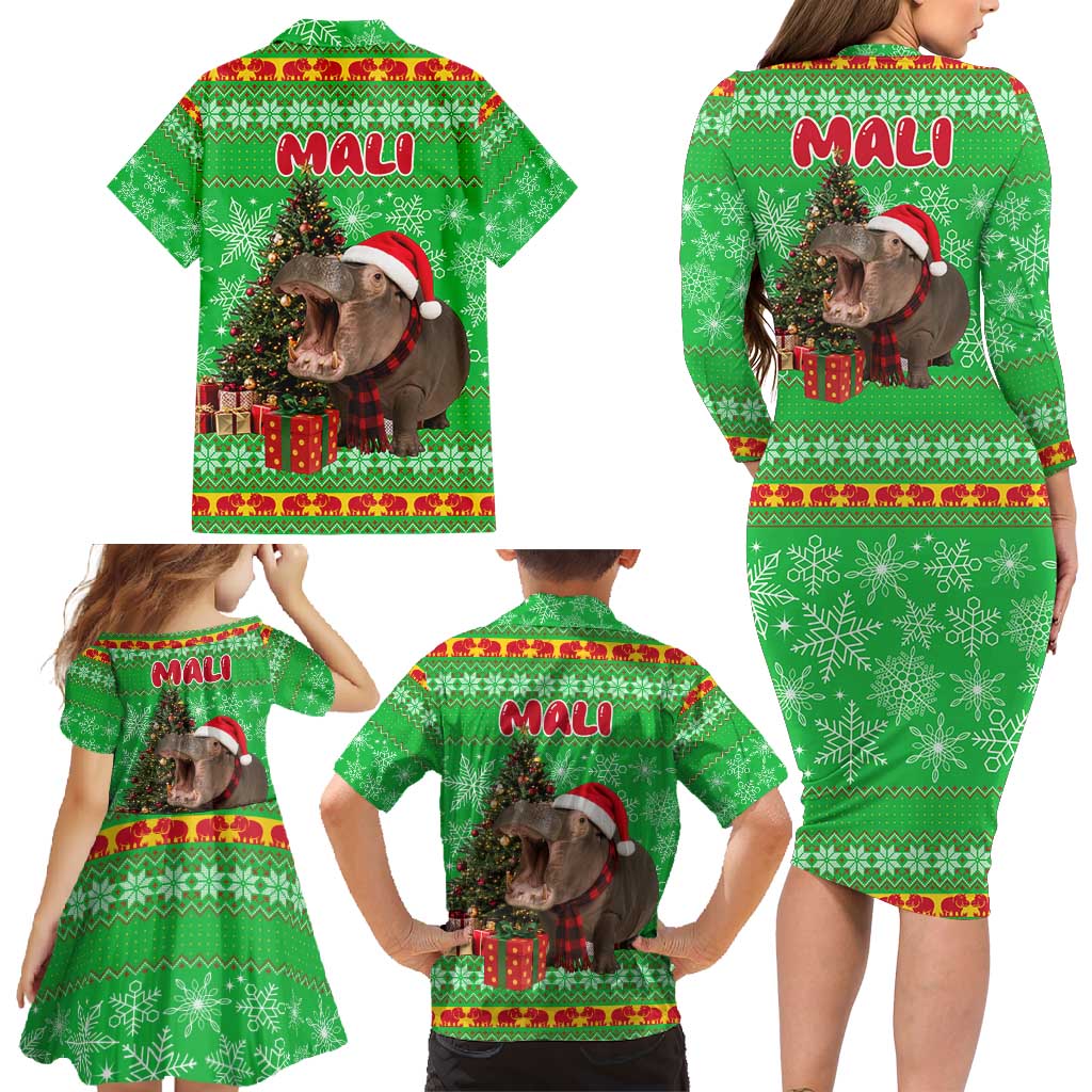 Mali Christmas Family Matching Long Sleeve Bodycon Dress and Hawaiian Shirt with Hippo Santa Hat Snowflakes and Holiday Gift - Wonder Print Shop
