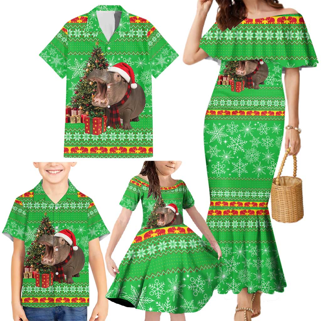 Mali Christmas Family Matching Mermaid Dress and Hawaiian Shirt with Hippo Santa Hat Snowflakes and Holiday Gift - Wonder Print Shop