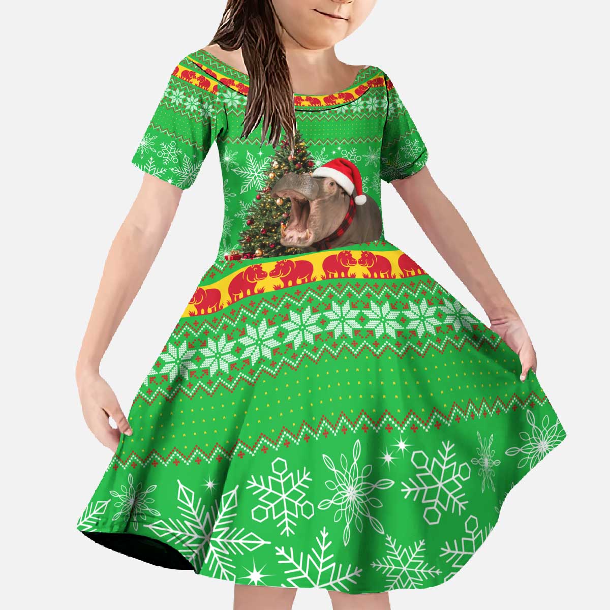Mali Christmas Family Matching Off The Shoulder Long Sleeve Dress and Hawaiian Shirt with Hippo Santa Hat Snowflakes and Holiday Gift - Wonder Print Shop