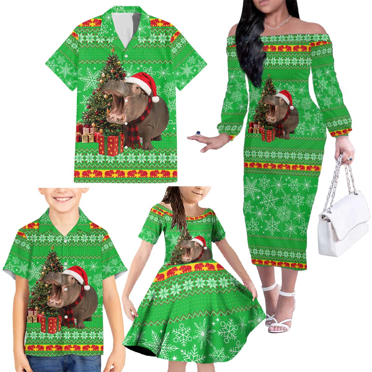 Mali Christmas Family Matching Off The Shoulder Long Sleeve Dress and Hawaiian Shirt with Hippo Santa Hat Snowflakes and Holiday Gift - Wonder Print Shop