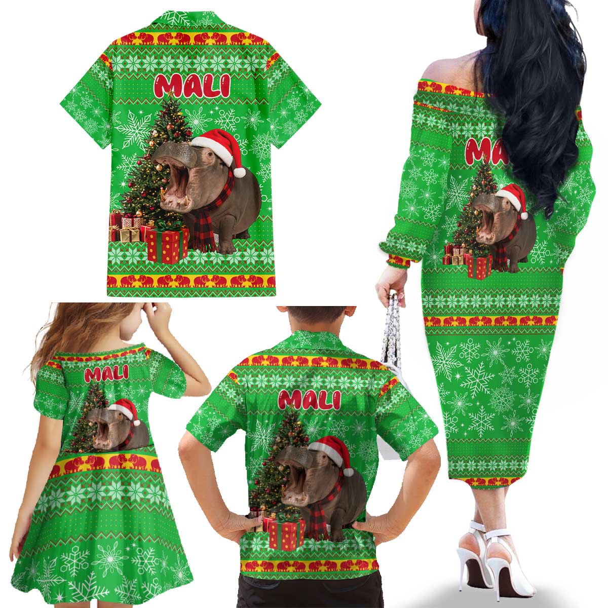 Mali Christmas Family Matching Off The Shoulder Long Sleeve Dress and Hawaiian Shirt with Hippo Santa Hat Snowflakes and Holiday Gift - Wonder Print Shop