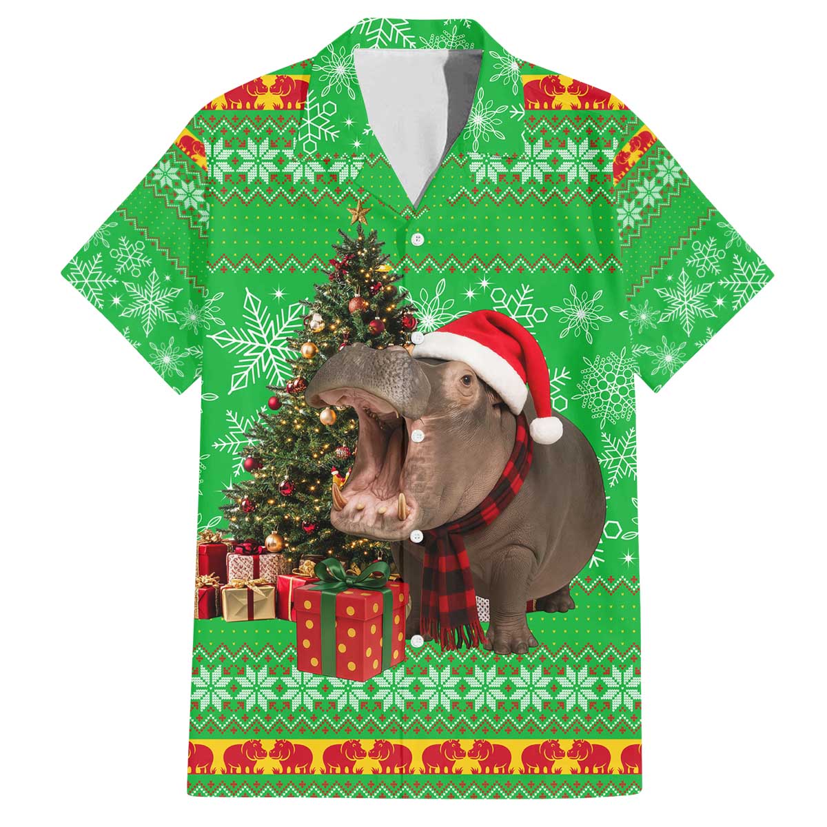 Mali Christmas Family Matching Off The Shoulder Long Sleeve Dress and Hawaiian Shirt with Hippo Santa Hat Snowflakes and Holiday Gift - Wonder Print Shop