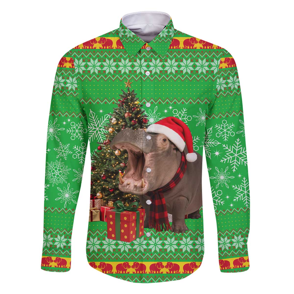 Mali Christmas Family Matching Off The Shoulder Long Sleeve Dress and Hawaiian Shirt with Hippo Santa Hat Snowflakes and Holiday Gift - Wonder Print Shop