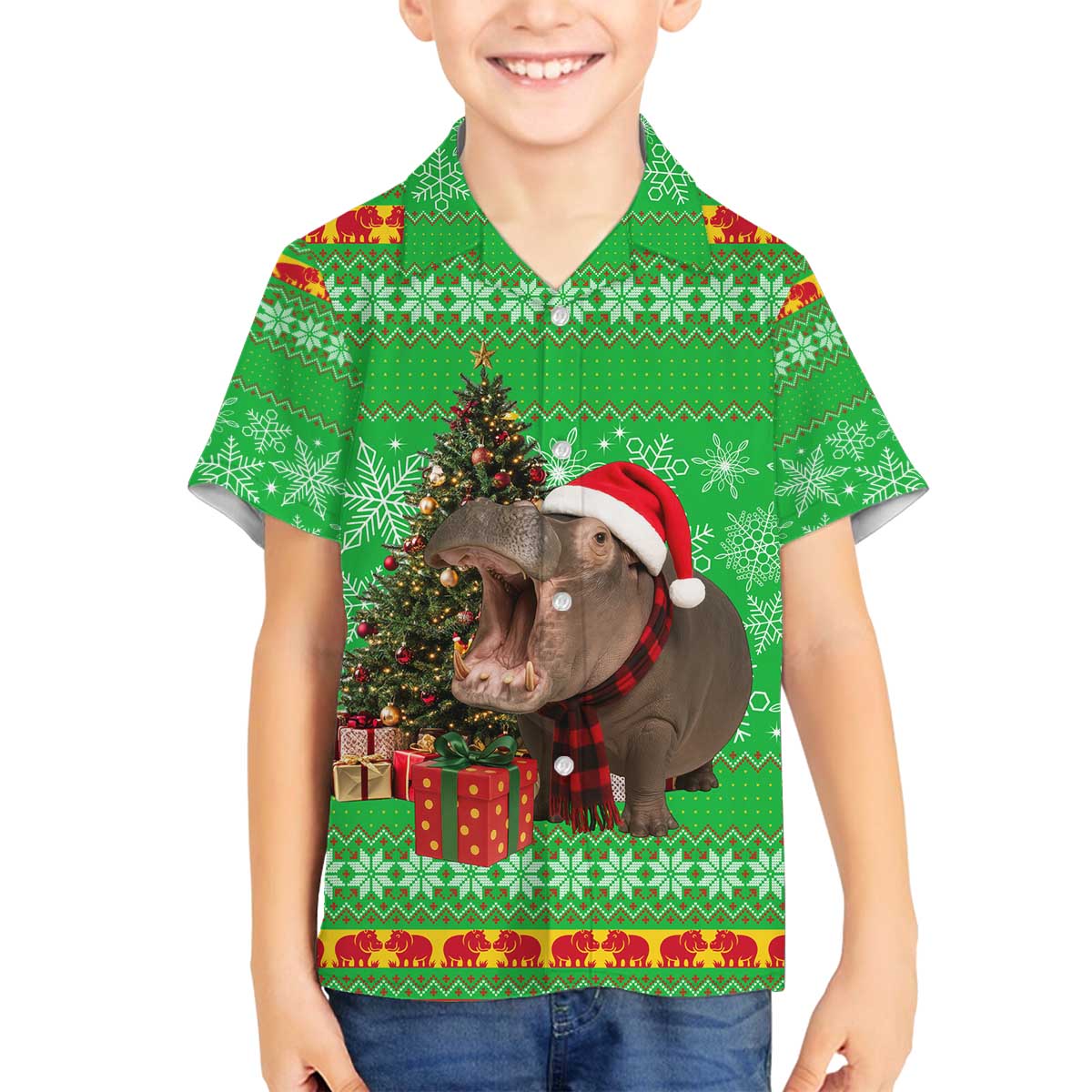 Mali Christmas Family Matching Off The Shoulder Long Sleeve Dress and Hawaiian Shirt with Hippo Santa Hat Snowflakes and Holiday Gift - Wonder Print Shop