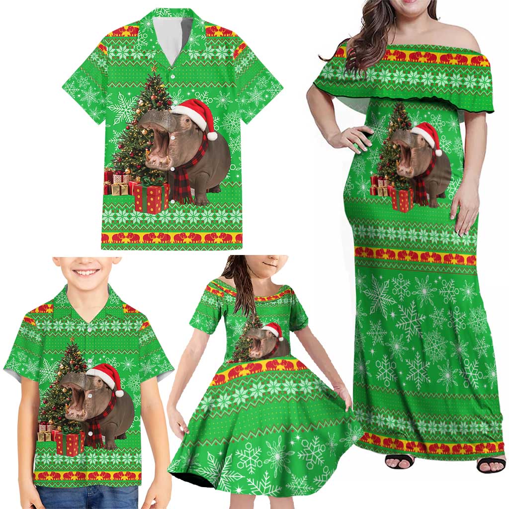Mali Christmas Family Matching Off Shoulder Maxi Dress and Hawaiian Shirt with Hippo Santa Hat Snowflakes and Holiday Gift - Wonder Print Shop