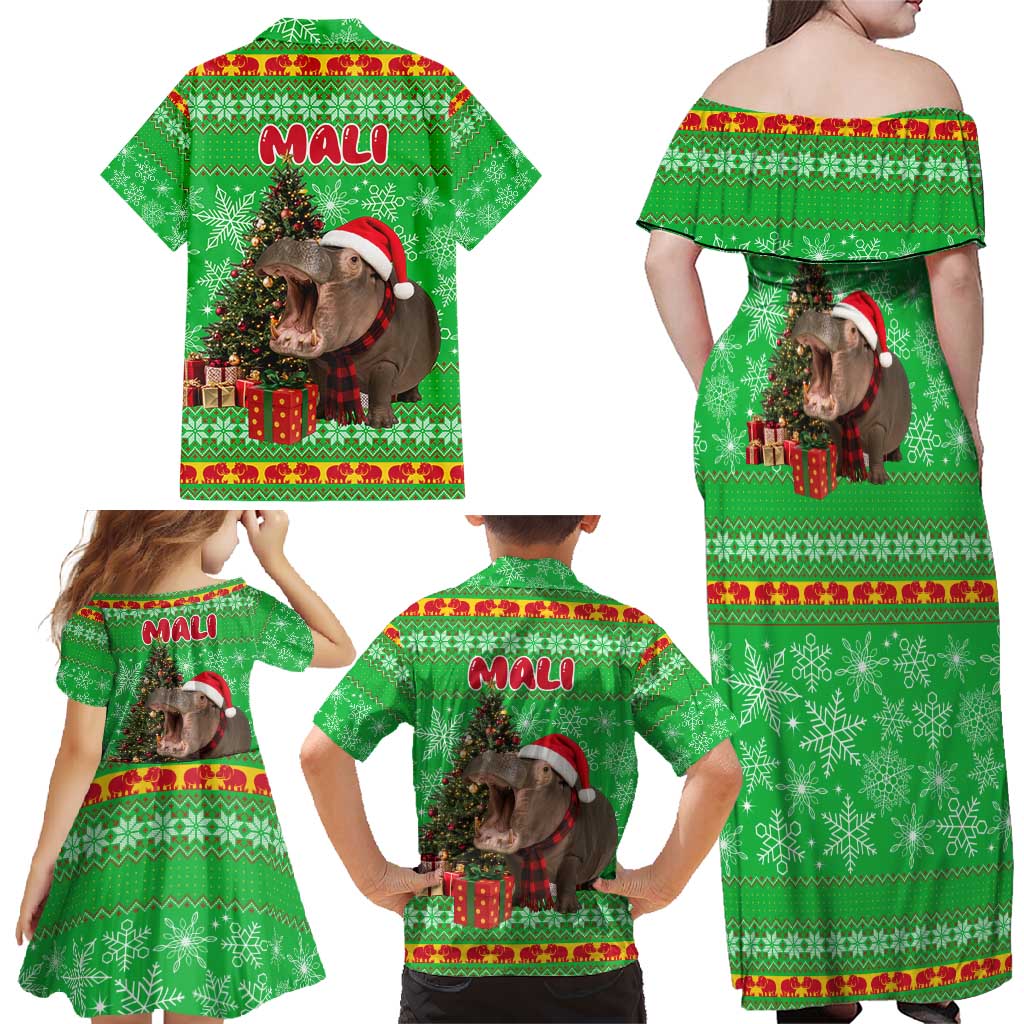 Mali Christmas Family Matching Off Shoulder Maxi Dress and Hawaiian Shirt with Hippo Santa Hat Snowflakes and Holiday Gift - Wonder Print Shop
