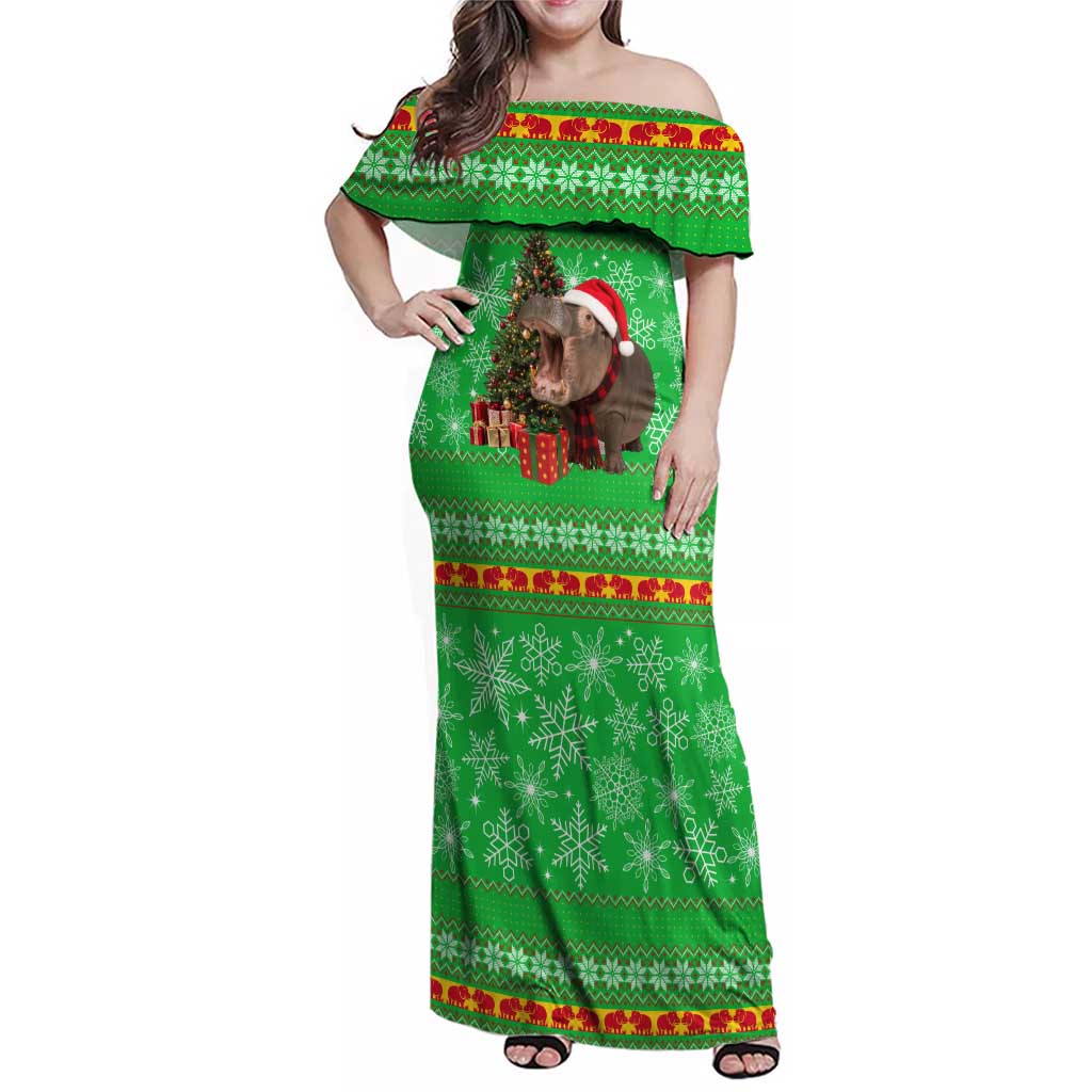 Mali Christmas Family Matching Off Shoulder Maxi Dress and Hawaiian Shirt with Hippo Santa Hat Snowflakes and Holiday Gift - Wonder Print Shop