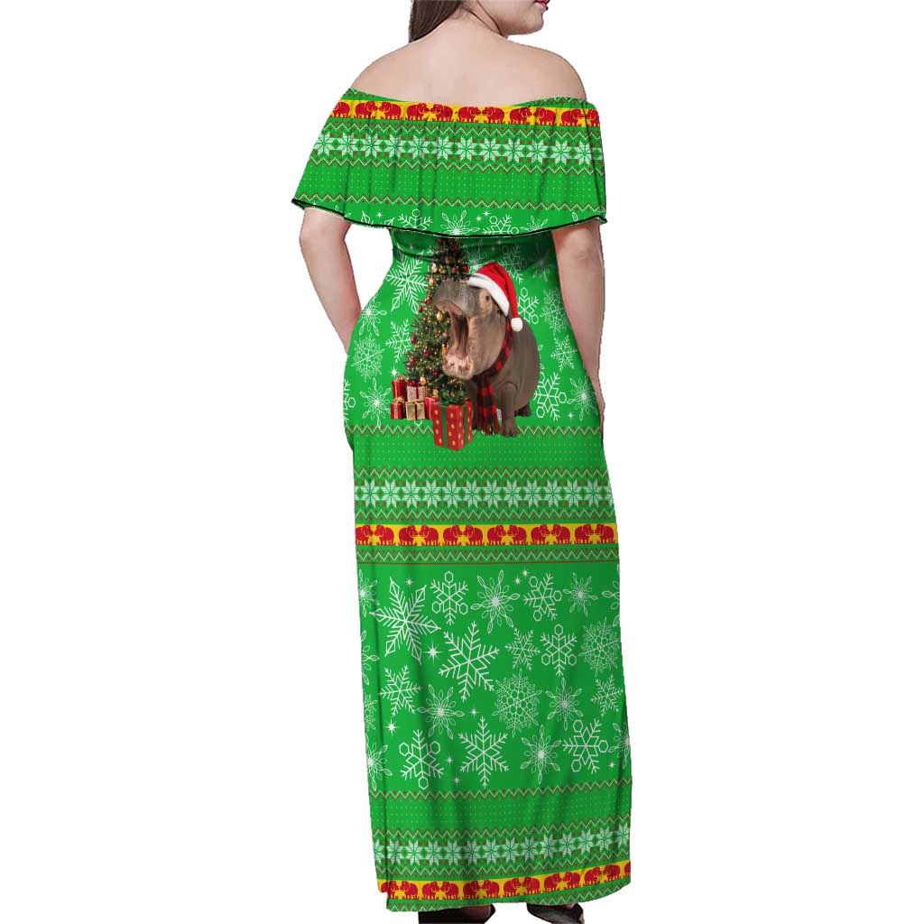 Mali Christmas Family Matching Off Shoulder Maxi Dress and Hawaiian Shirt with Hippo Santa Hat Snowflakes and Holiday Gift - Wonder Print Shop
