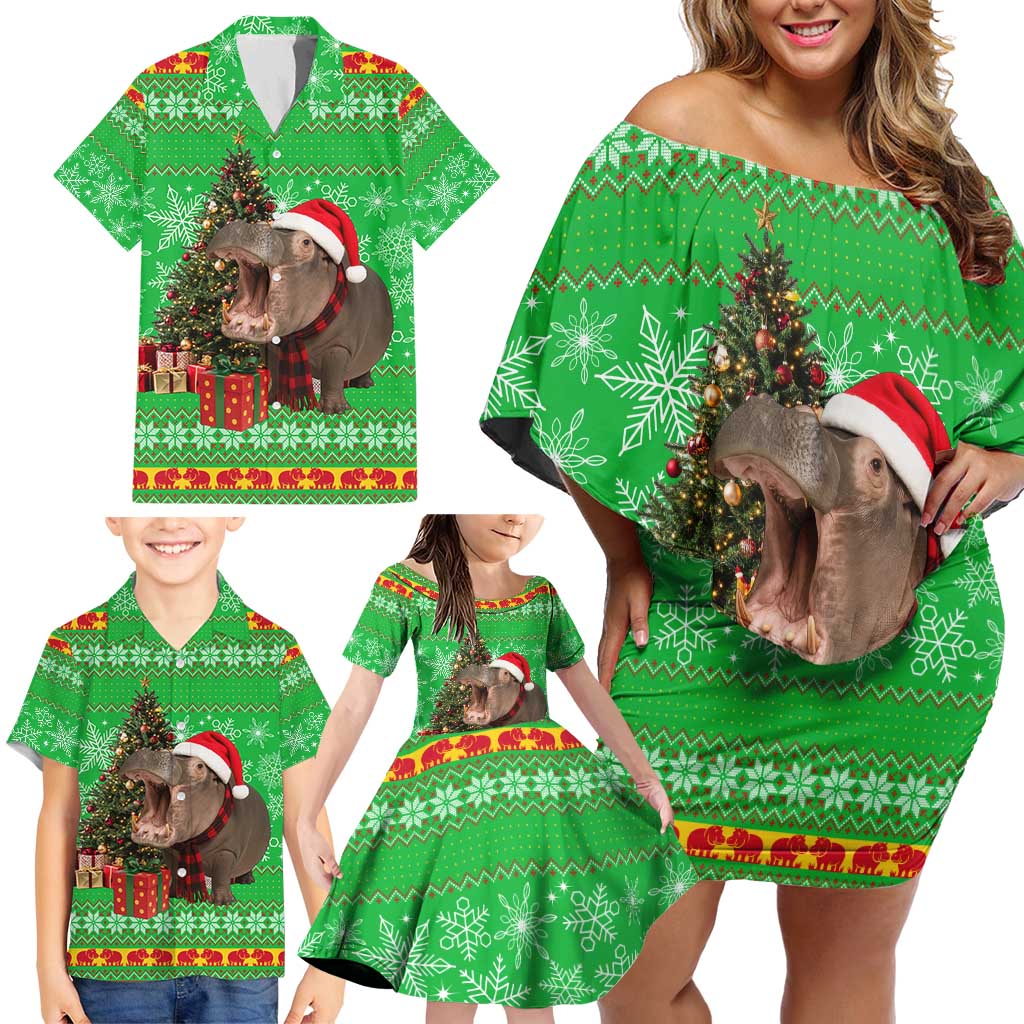 Mali Christmas Family Matching Off Shoulder Short Dress and Hawaiian Shirt with Hippo Santa Hat Snowflakes and Holiday Gift - Wonder Print Shop