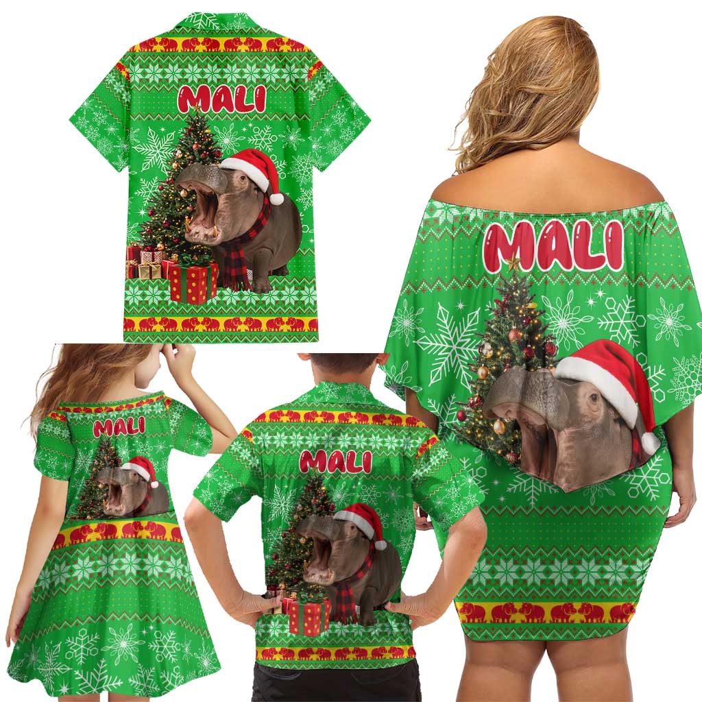 Mali Christmas Family Matching Off Shoulder Short Dress and Hawaiian Shirt with Hippo Santa Hat Snowflakes and Holiday Gift - Wonder Print Shop