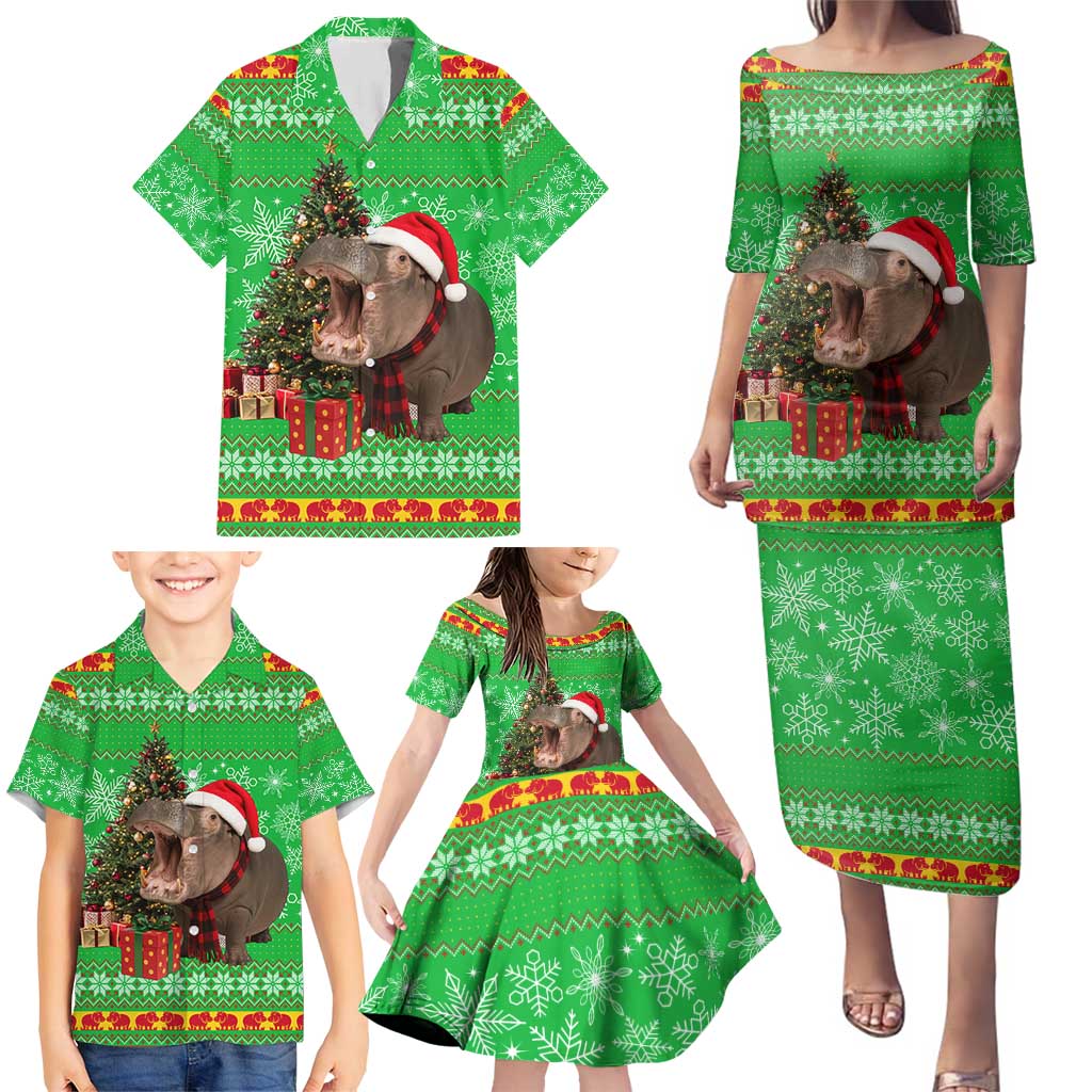 Mali Christmas Family Matching Puletasi and Hawaiian Shirt with Hippo Santa Hat Snowflakes and Holiday Gift - Wonder Print Shop