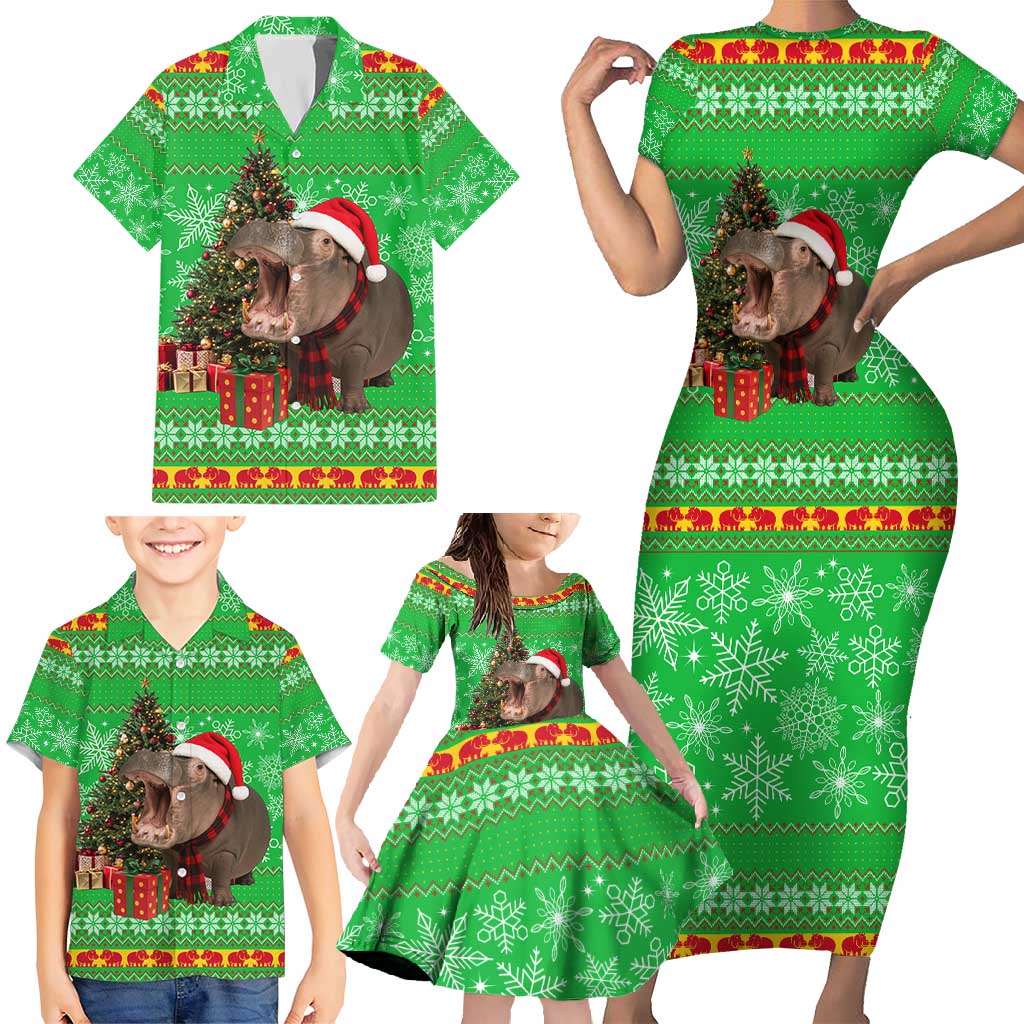 Mali Christmas Family Matching Short Sleeve Bodycon Dress and Hawaiian Shirt with Hippo Santa Hat Snowflakes and Holiday Gift - Wonder Print Shop