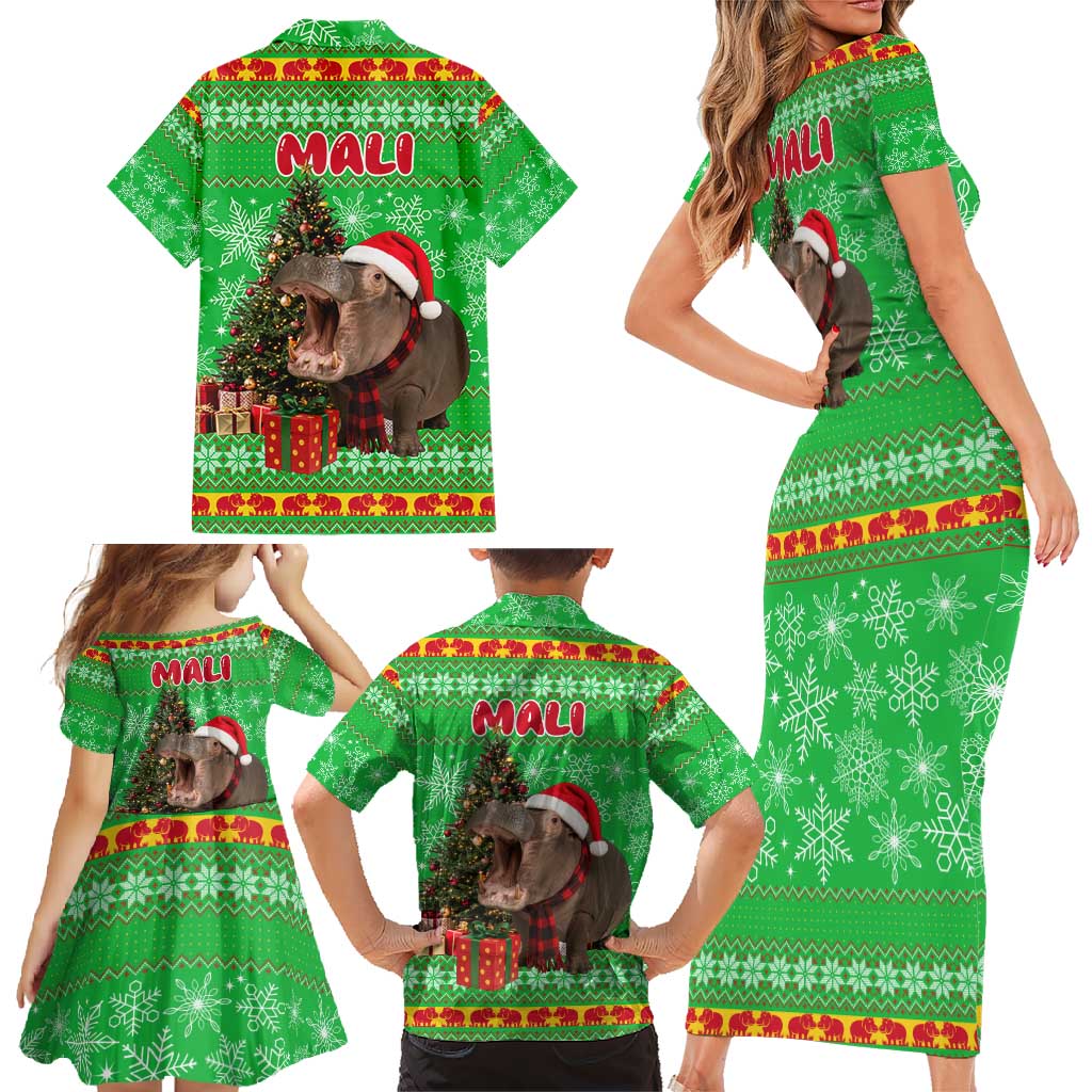 Mali Christmas Family Matching Short Sleeve Bodycon Dress and Hawaiian Shirt with Hippo Santa Hat Snowflakes and Holiday Gift - Wonder Print Shop