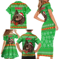 Mali Christmas Family Matching Short Sleeve Bodycon Dress and Hawaiian Shirt with Hippo Santa Hat Snowflakes and Holiday Gift - Wonder Print Shop