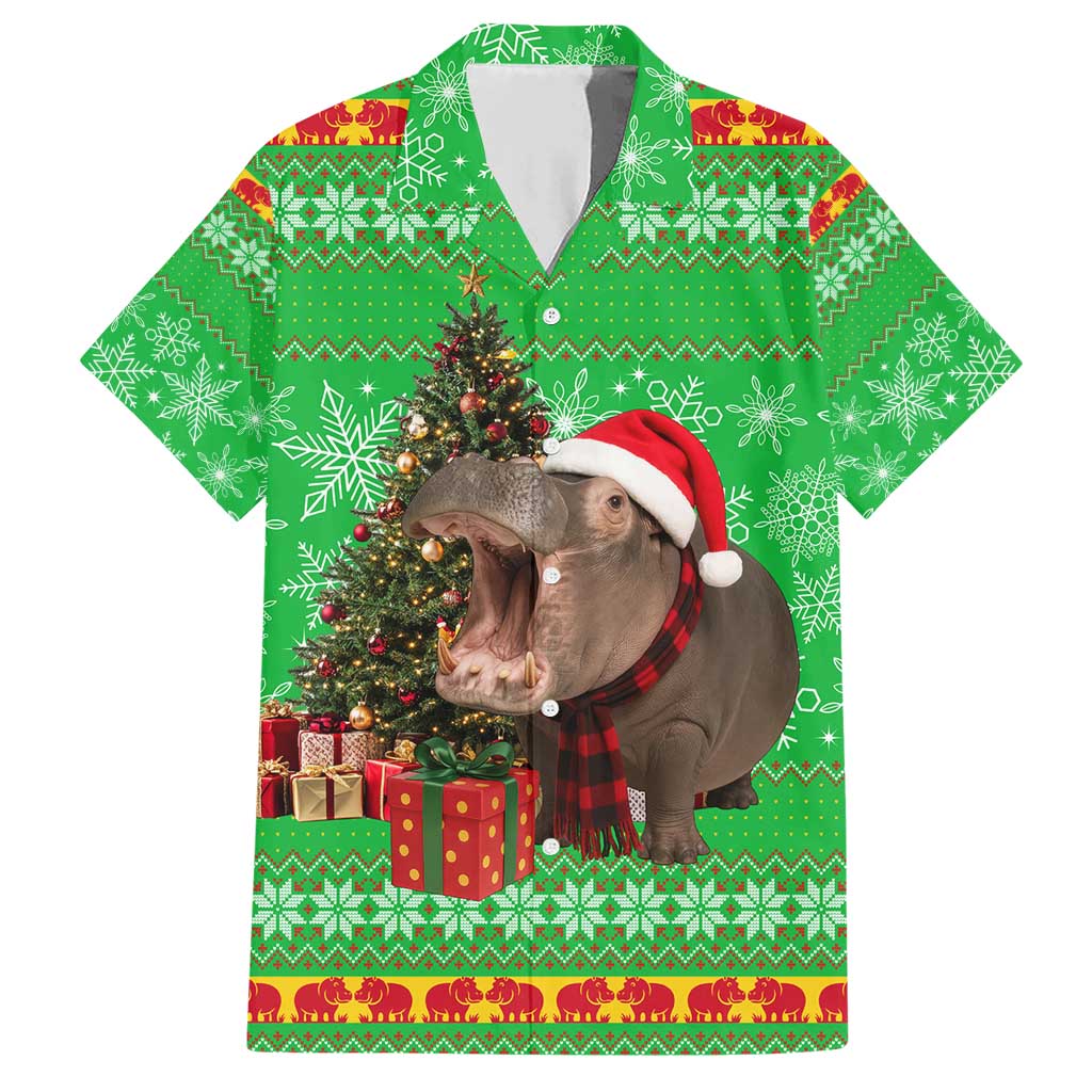 Mali Christmas Family Matching Short Sleeve Bodycon Dress and Hawaiian Shirt with Hippo Santa Hat Snowflakes and Holiday Gift - Wonder Print Shop