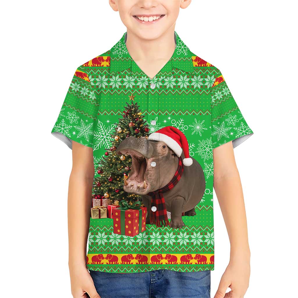 Mali Christmas Family Matching Short Sleeve Bodycon Dress and Hawaiian Shirt with Hippo Santa Hat Snowflakes and Holiday Gift - Wonder Print Shop