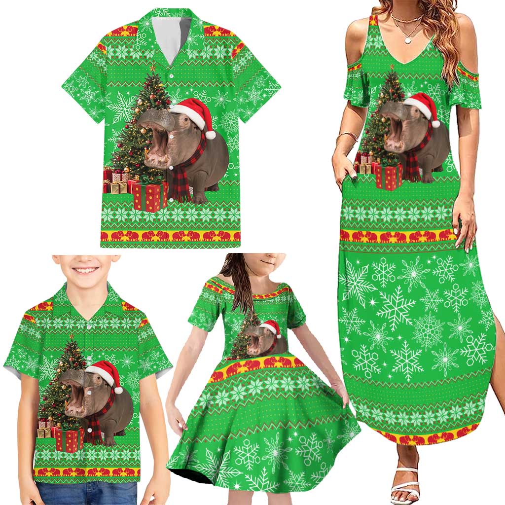 Mali Christmas Family Matching Summer Maxi Dress and Hawaiian Shirt with Hippo Santa Hat Snowflakes and Holiday Gift - Wonder Print Shop