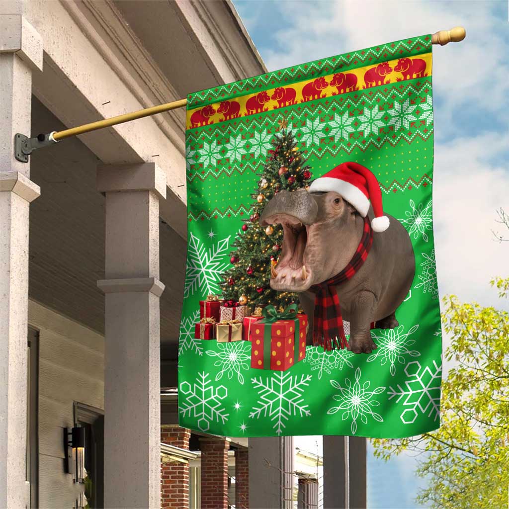 Mali Christmas Garden Flag with Hippo Santa Hat Snowflakes and Holiday Gift - Wonder Print Shop