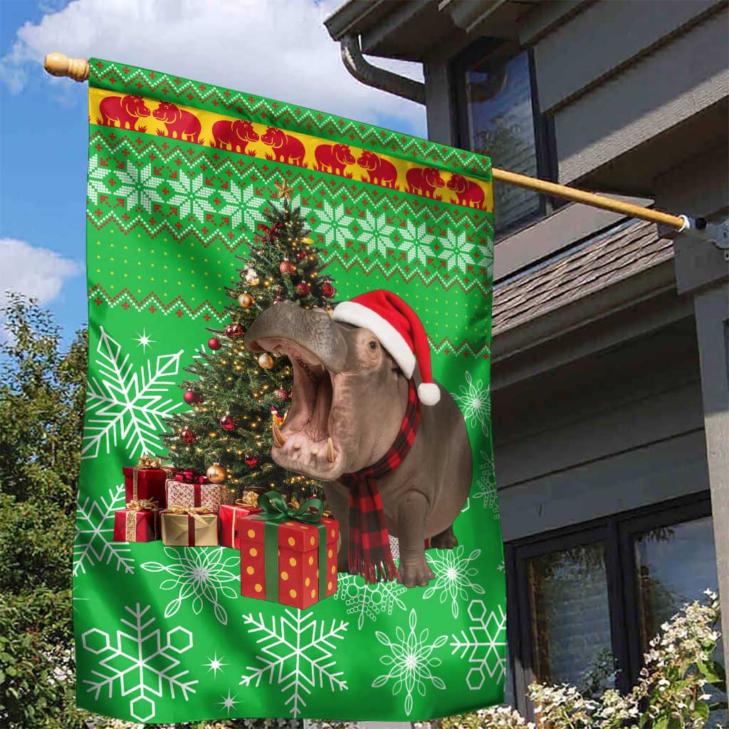 Mali Christmas Garden Flag with Hippo Santa Hat Snowflakes and Holiday Gift - Wonder Print Shop