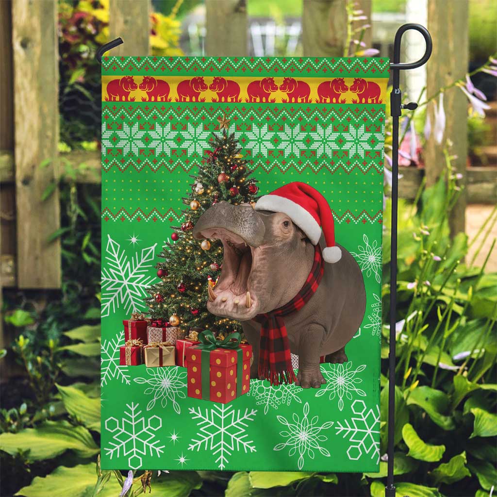 Mali Christmas Garden Flag with Hippo Santa Hat Snowflakes and Holiday Gift - Wonder Print Shop
