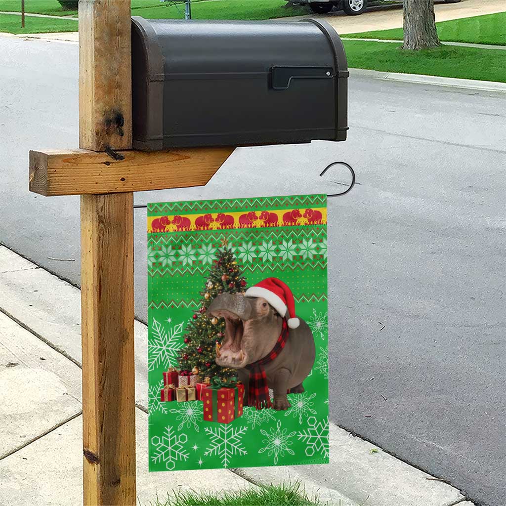 Mali Christmas Garden Flag with Hippo Santa Hat Snowflakes and Holiday Gift - Wonder Print Shop