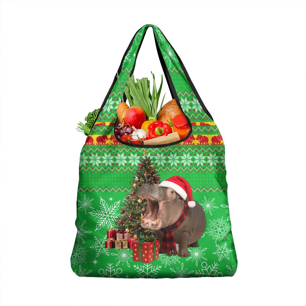 Mali Christmas Grocery Bag with Hippo Santa Hat Snowflakes and Holiday Gift - Wonder Print Shop