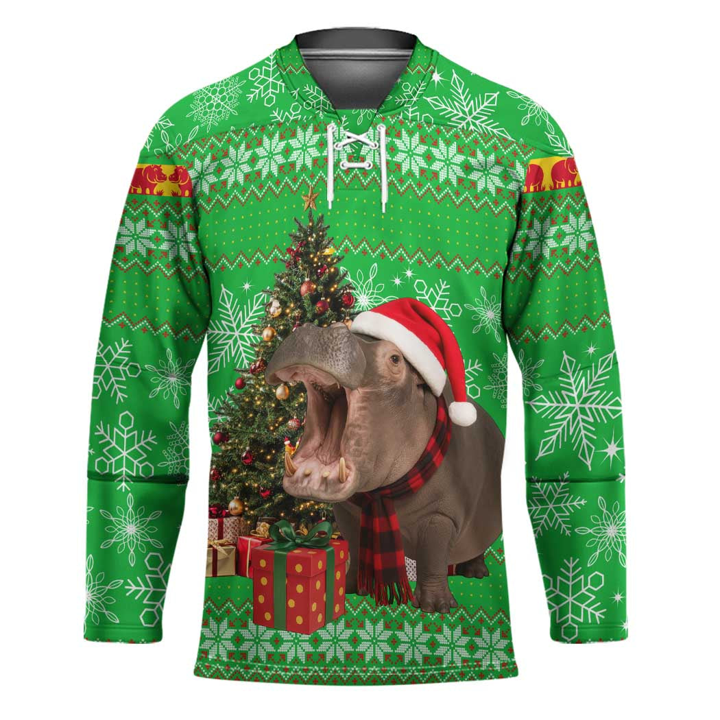 Mali Christmas Hockey Jersey with Hippo Santa Hat Snowflakes and Holiday Gift - Wonder Print Shop