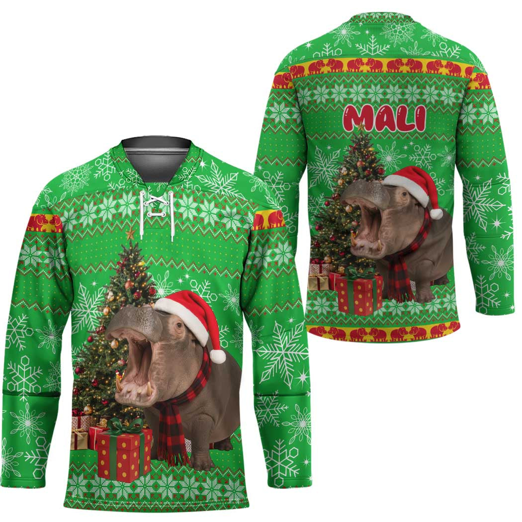 Mali Christmas Hockey Jersey with Hippo Santa Hat Snowflakes and Holiday Gift - Wonder Print Shop