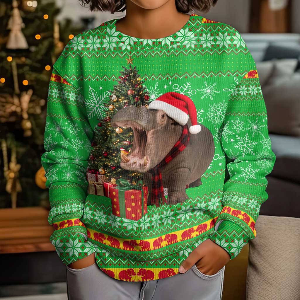 Mali Christmas Kid Ugly Christmas Sweater with Hippo Santa Hat Snowflakes and Holiday Gift - Wonder Print Shop