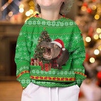 Mali Christmas Kid Ugly Christmas Sweater with Hippo Santa Hat Snowflakes and Holiday Gift - Wonder Print Shop