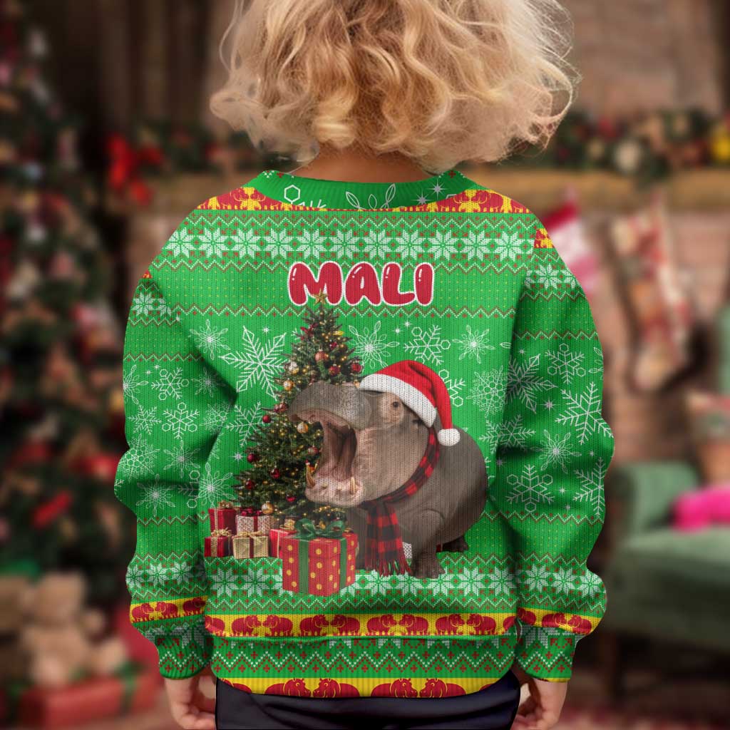 Mali Christmas Kid Ugly Christmas Sweater with Hippo Santa Hat Snowflakes and Holiday Gift - Wonder Print Shop