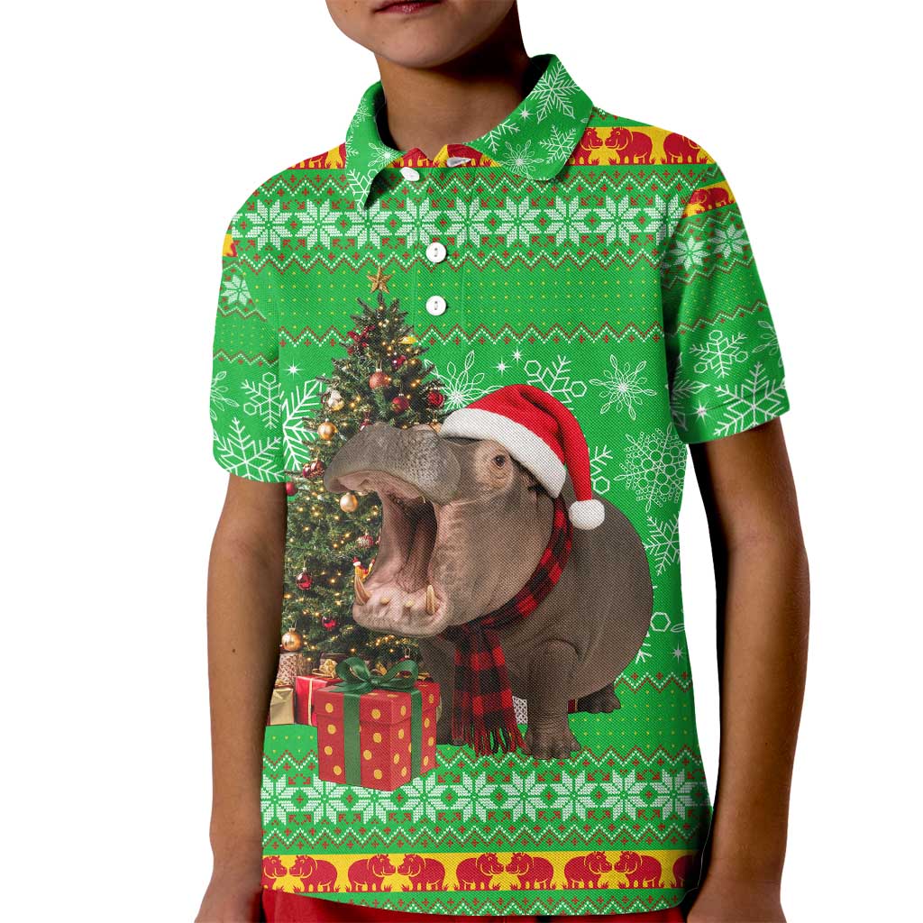 Mali Christmas Kid Polo Shirt with Hippo Santa Hat Snowflakes and Holiday Gift - Wonder Print Shop