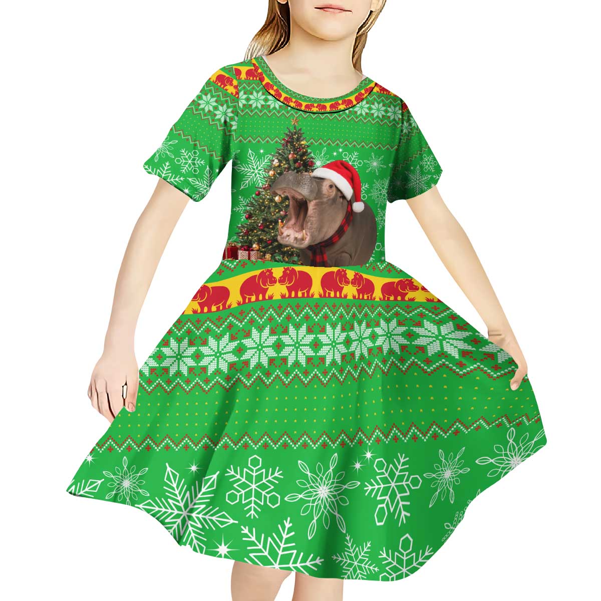 Mali Christmas Kid Short Sleeve Dress with Hippo Santa Hat Snowflakes and Holiday Gift - Wonder Print Shop