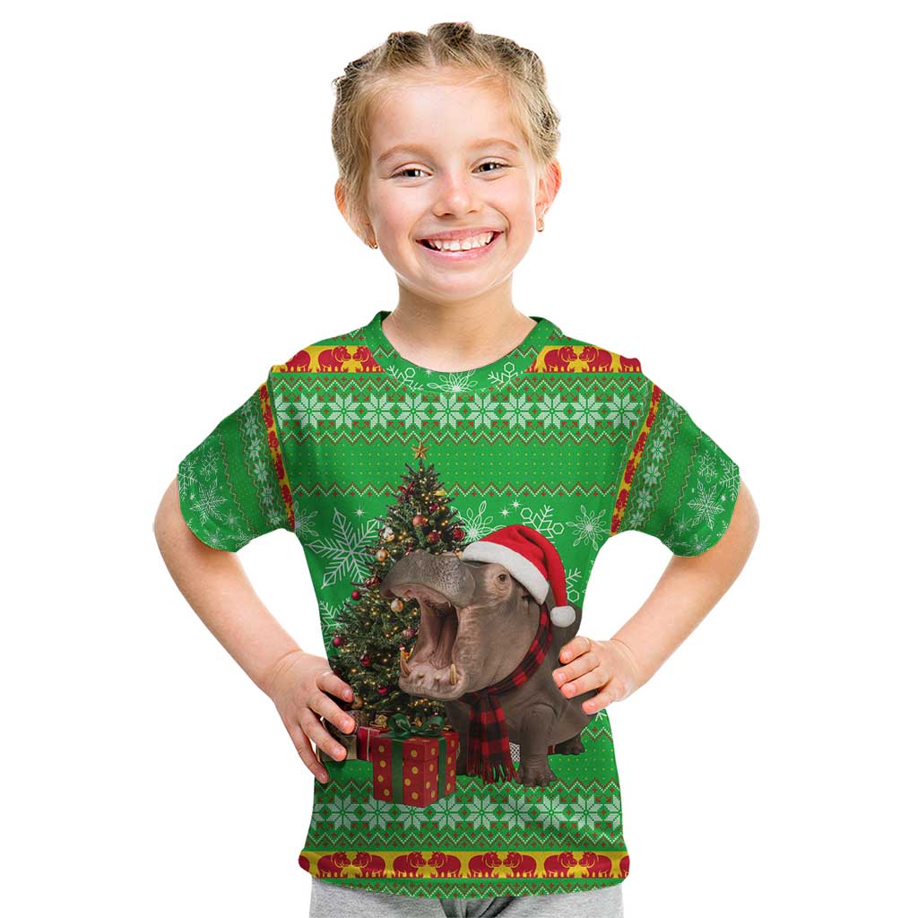 Mali Christmas Kid T Shirt with Hippo Santa Hat Snowflakes and Holiday Gift - Wonder Print Shop