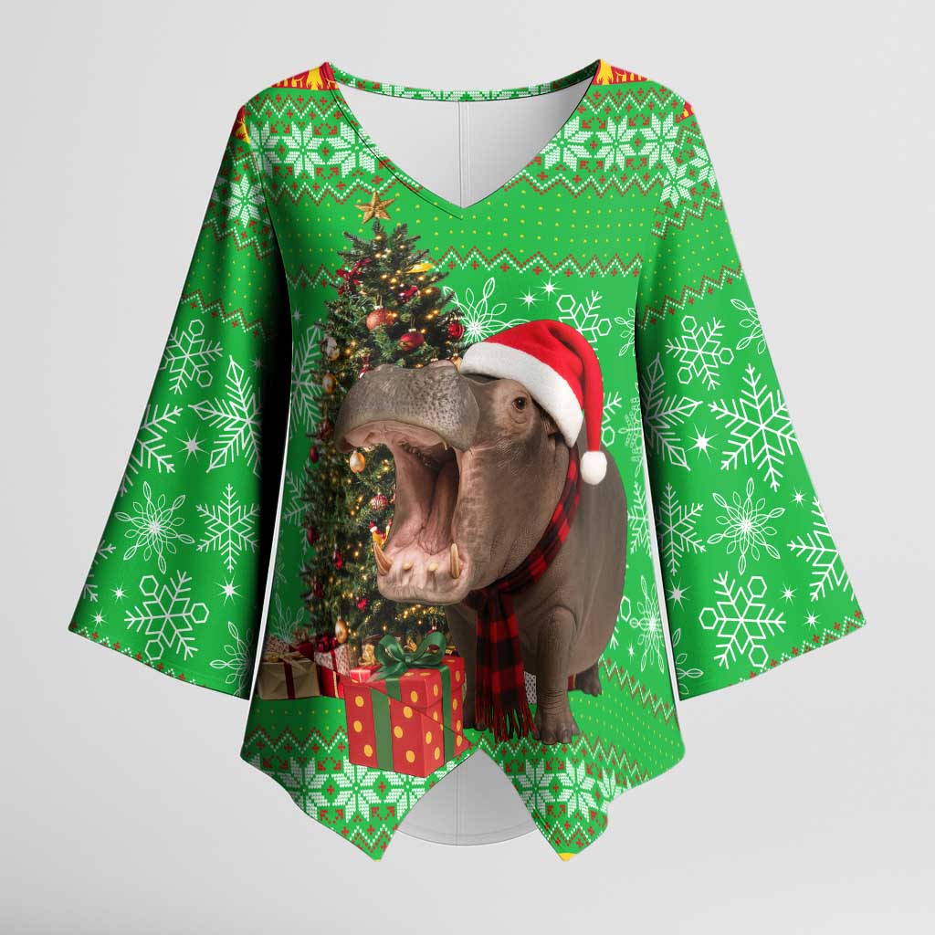 Mali Christmas Kimono Sleeve Blouse with Hippo Santa Hat Snowflakes and Holiday Gift - Wonder Print Shop