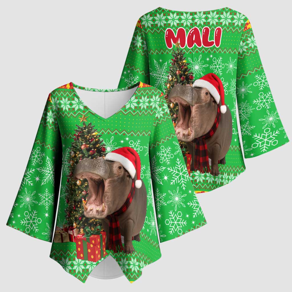 Mali Christmas Kimono Sleeve Blouse with Hippo Santa Hat Snowflakes and Holiday Gift - Wonder Print Shop