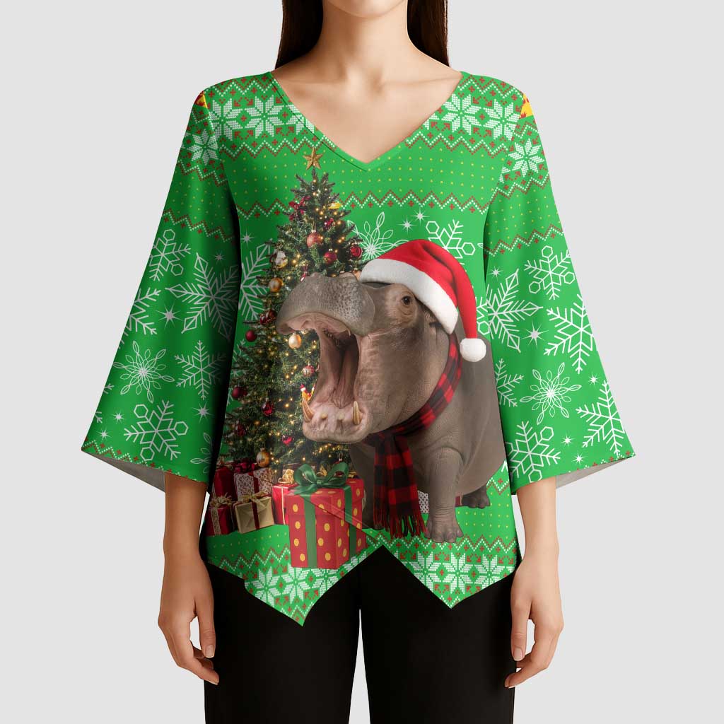 Mali Christmas Kimono Sleeve Blouse with Hippo Santa Hat Snowflakes and Holiday Gift - Wonder Print Shop
