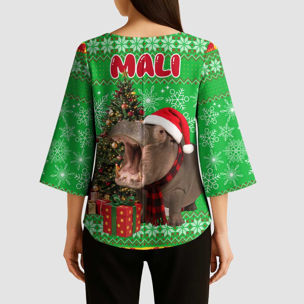 Mali Christmas Kimono Sleeve Blouse with Hippo Santa Hat Snowflakes and Holiday Gift - Wonder Print Shop