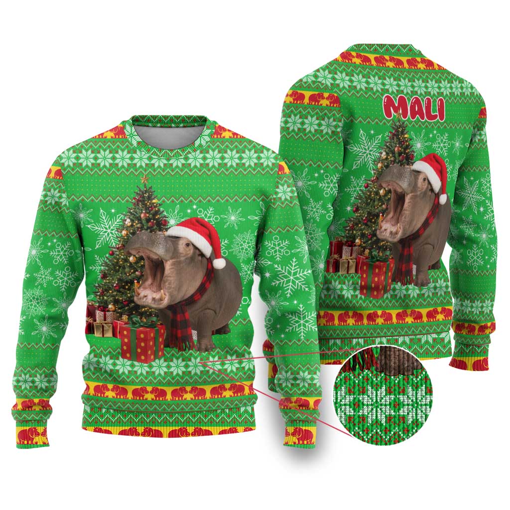Mali Christmas Ugly Christmas Sweater with Hippo Santa Hat Snowflakes and Holiday Gift - Wonder Print Shop