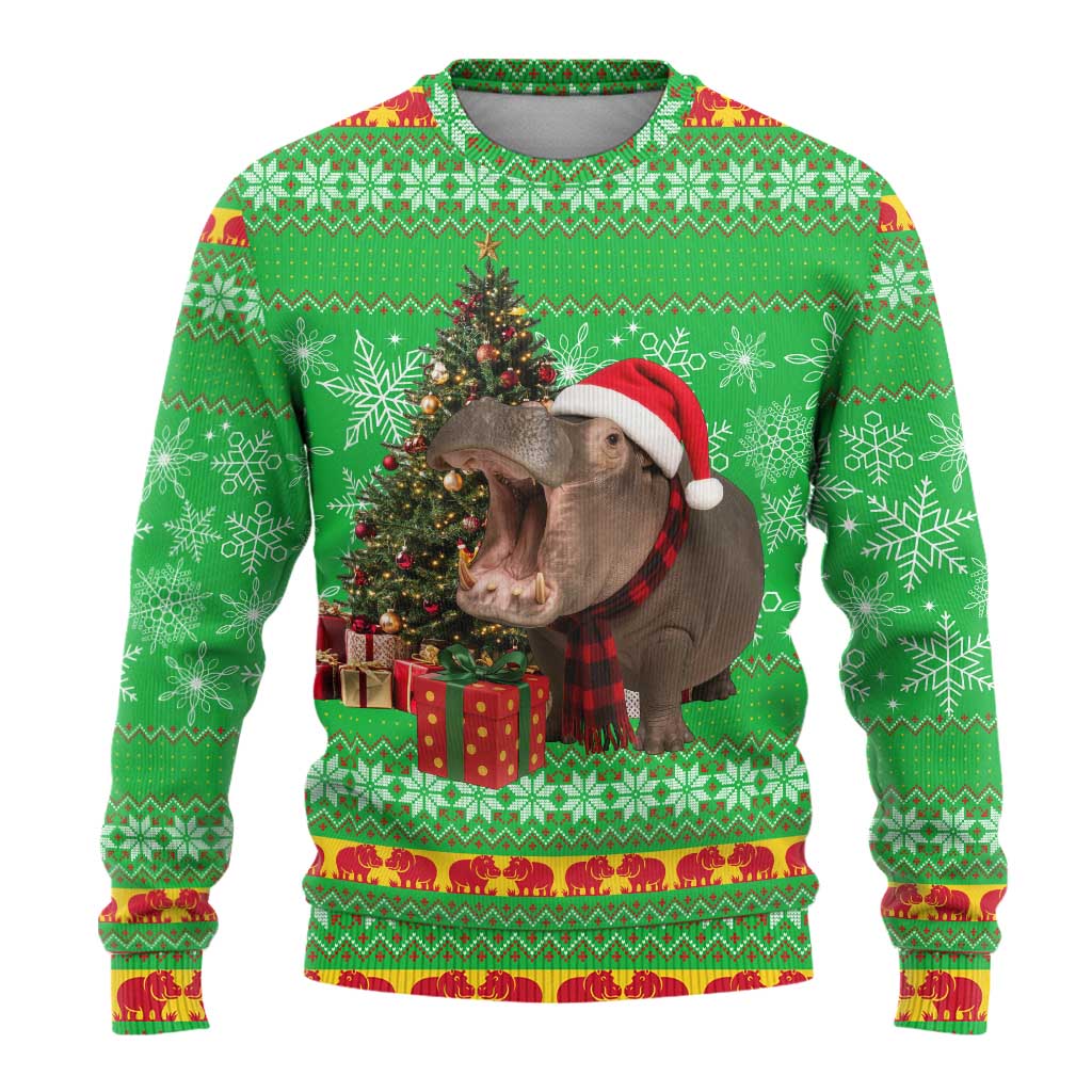 Mali Christmas Ugly Christmas Sweater with Hippo Santa Hat Snowflakes and Holiday Gift - Wonder Print Shop