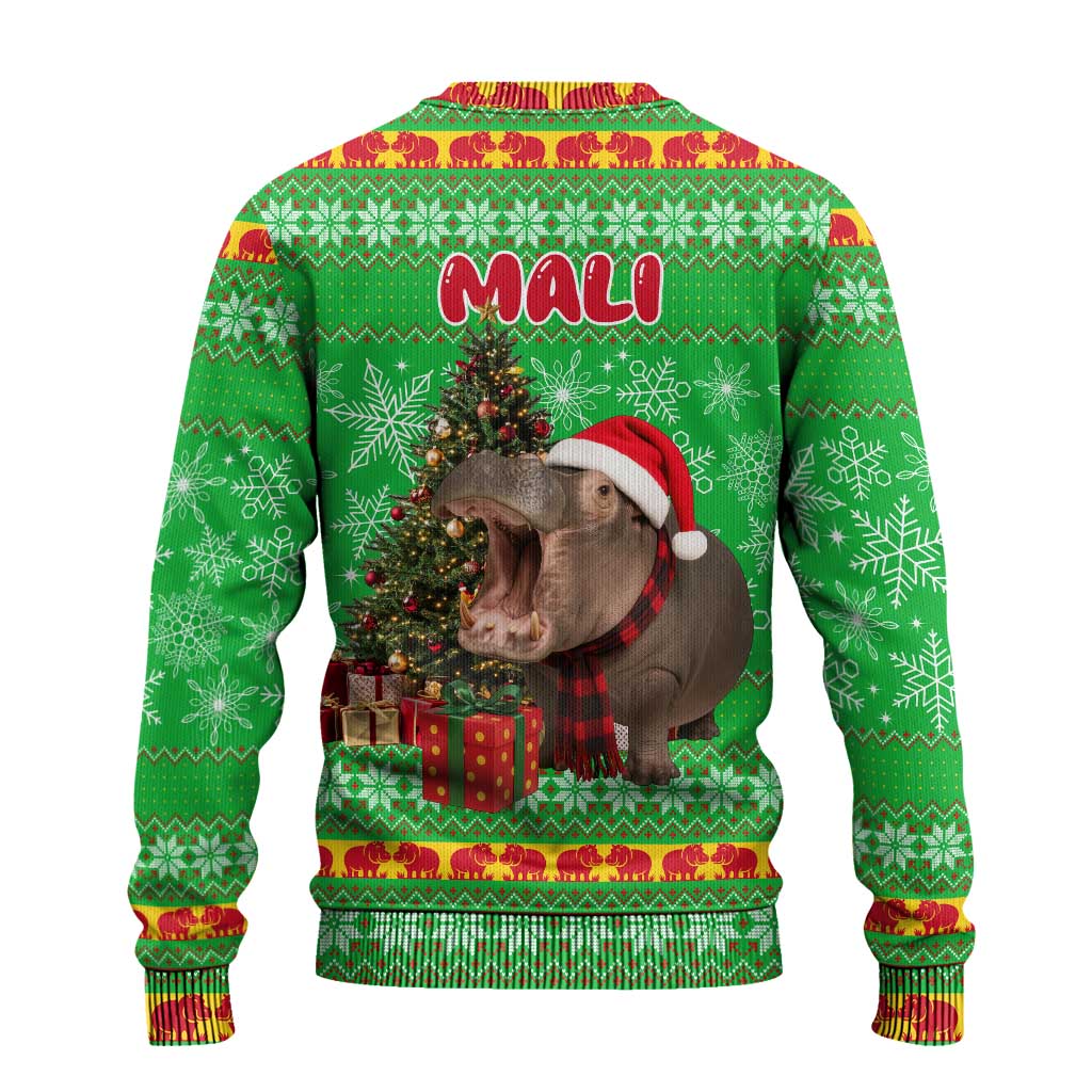 Mali Christmas Ugly Christmas Sweater with Hippo Santa Hat Snowflakes and Holiday Gift - Wonder Print Shop