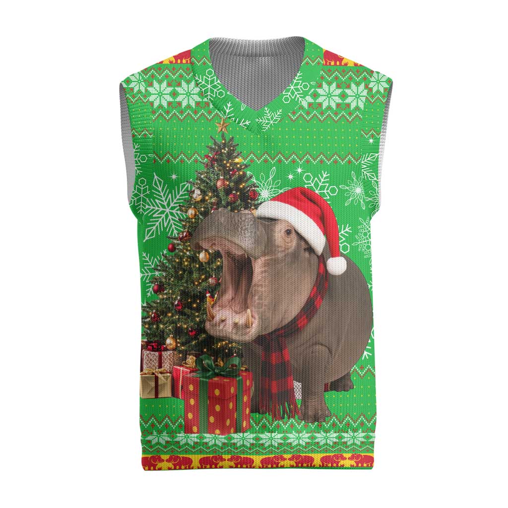 Mali Christmas Knitted V-Neck Vest with Hippo Santa Hat Snowflakes and Holiday Gift - Wonder Print Shop