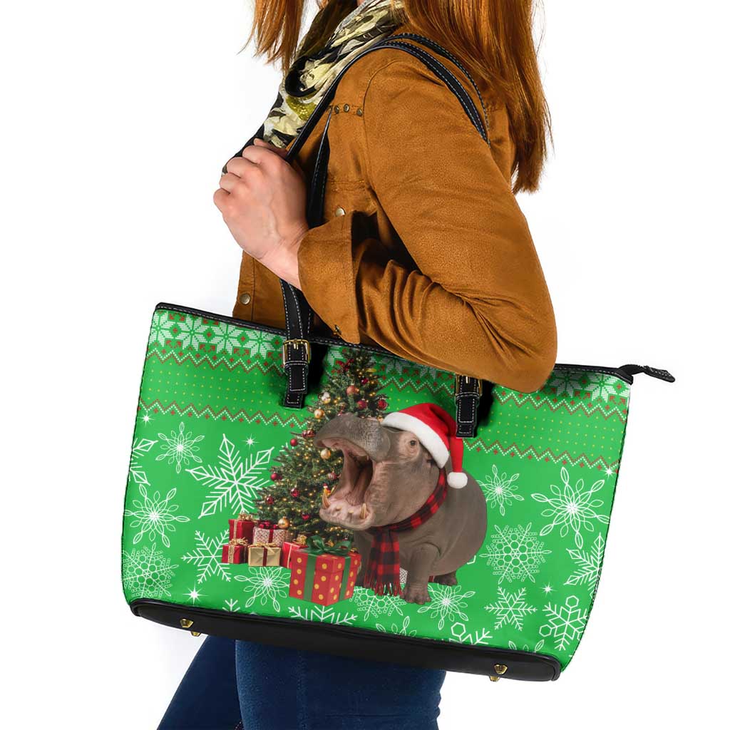 Mali Christmas Leather Tote Bag with Hippo Santa Hat Snowflakes and Holiday Gift - Wonder Print Shop