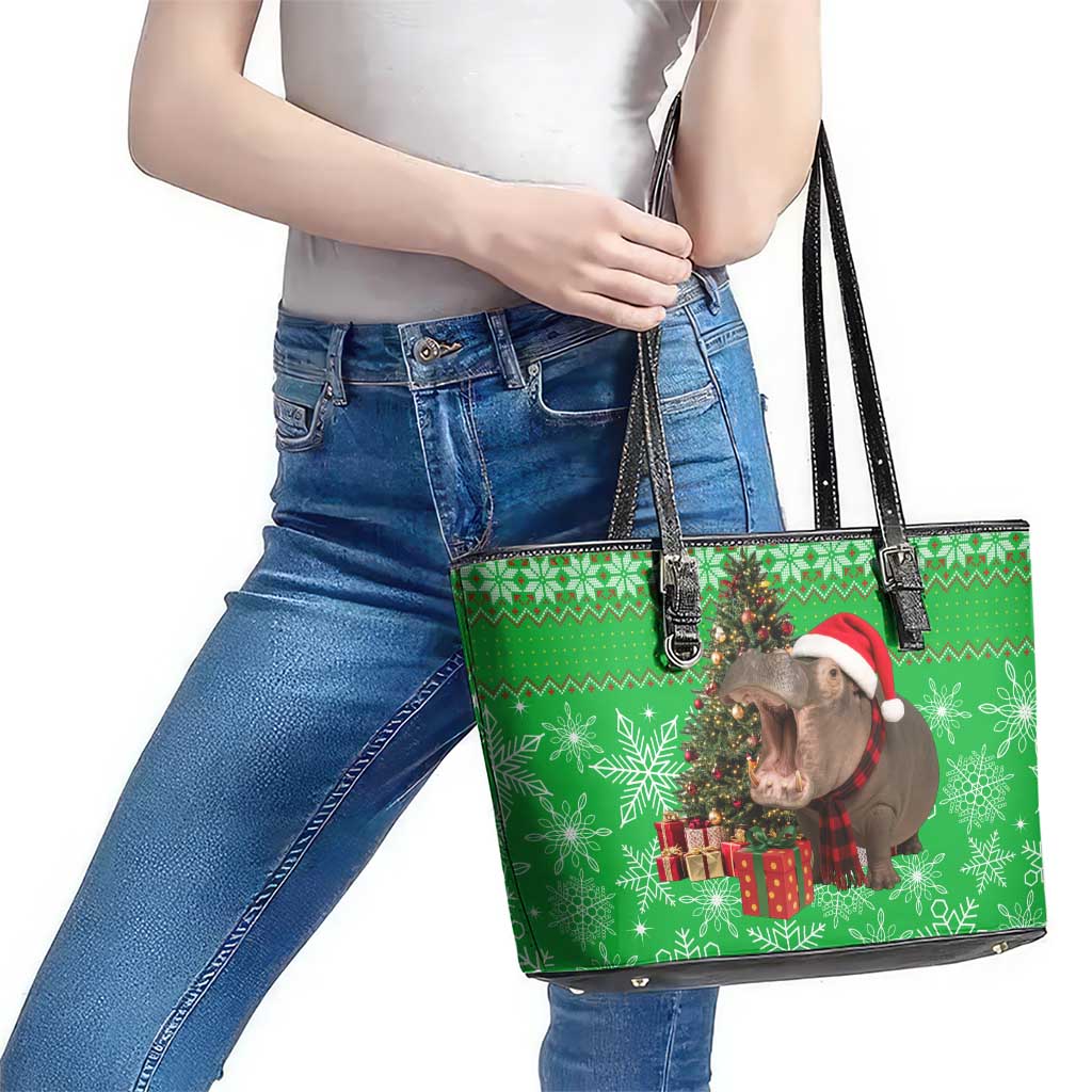 Mali Christmas Leather Tote Bag with Hippo Santa Hat Snowflakes and Holiday Gift - Wonder Print Shop