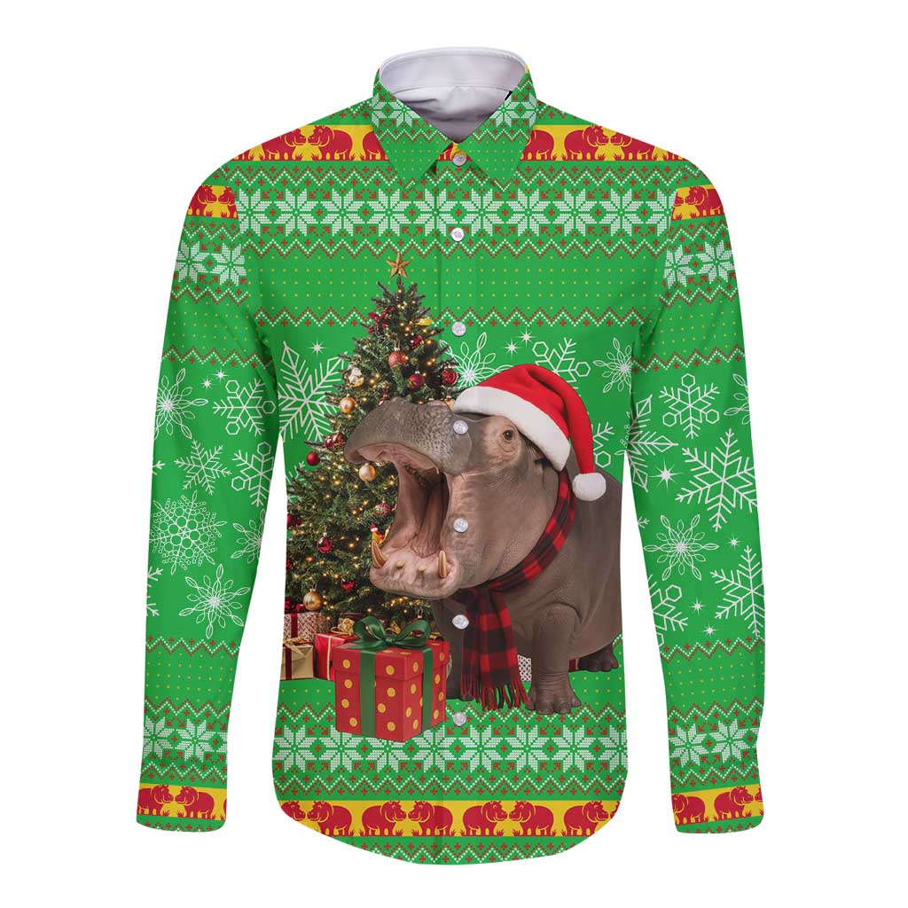 Mali Christmas Long Sleeve Button Shirt with Hippo Santa Hat Snowflakes and Holiday Gift - Wonder Print Shop