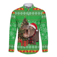 Mali Christmas Long Sleeve Button Shirt with Hippo Santa Hat Snowflakes and Holiday Gift - Wonder Print Shop