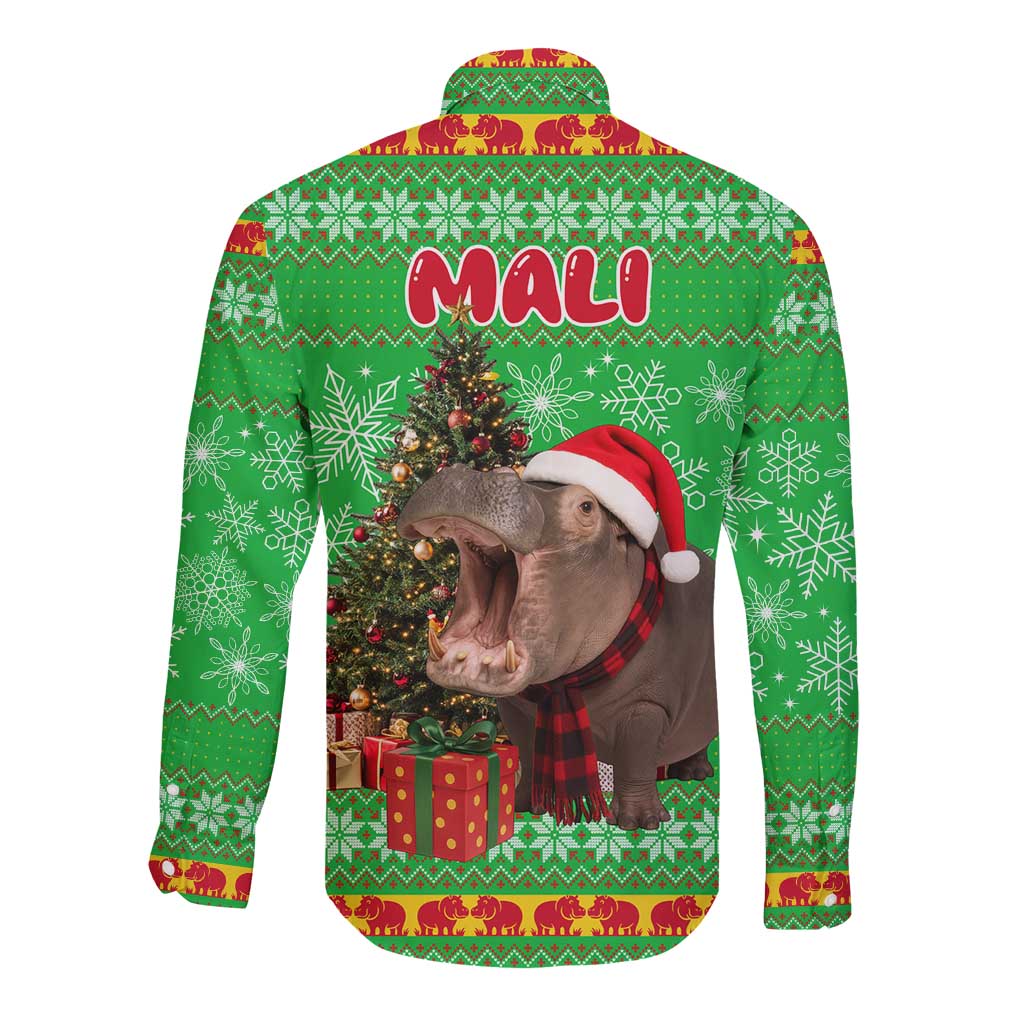 Mali Christmas Long Sleeve Button Shirt with Hippo Santa Hat Snowflakes and Holiday Gift - Wonder Print Shop
